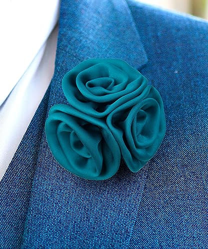Premium Trio Cluster Flower Lapel Pin - Formal Boutonniere for Men, Flower Brooch Pin - color: Teal