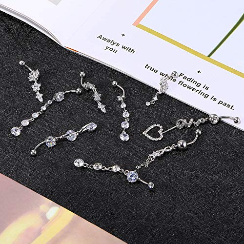 Yaomiao 18 Pcs 14G Stainless Steel Belly Button Ring Rhinestone Heart Dangle Belly Button Rings for Women - color: Silver, Elegant Style