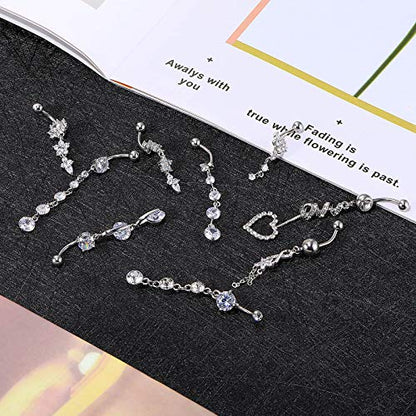 Yaomiao 18 Pcs 14G Stainless Steel Belly Button Ring Rhinestone Heart Dangle Belly Button Rings for Women - color: Silver, Elegant Style