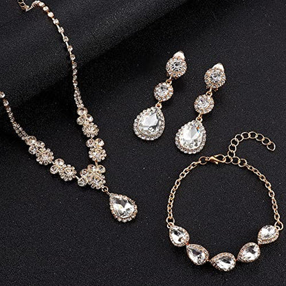 Jstyle Rhinestone Wedding Jewelry Sets for Brides, Brides Bridesmaid Sets | Non Tarnish Bridal Jewelry Set, Crystal Teardrop Pendants Necklace Bracelet,Clip On Earrings, Wedding Prom Jewelry Set - color: Gold Tone