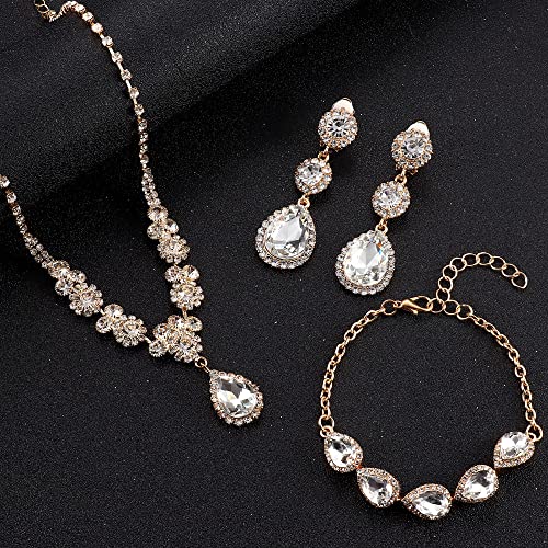 Jstyle Silver Wedding Jewelry Sets for Brides, Necklace and Earring Set | Non Tarnish Bridal Jewelry Set, Teardrop Pendants Necklace Bracelet Crystal Clip On Earrings Bridesmaid Wedding Prom Jewelry - color: Gold Tone