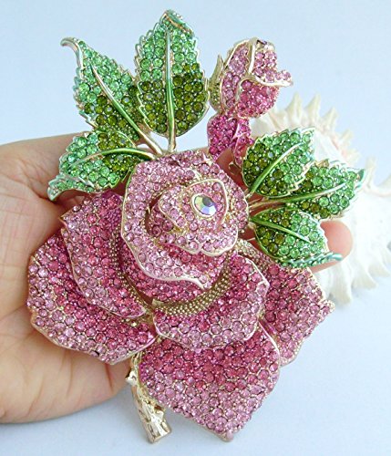 Gorgeous Wedding 5.32" Big Rose Flower Brooch Pin Austrian Crystal Pendant BZ2994 - color: Golden Pink