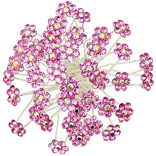 Rhinestone Flower Hair Pins, 40 Pcs U-Shaped Crystal Party Wedding Bridal Hair Accessories for Women Girls (Light Pink) - color: Light Pink