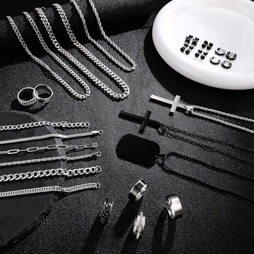 GIFIKOI 30Pcs Jewelry Set for Men Stainless Steel Band Ring Cuban Link Chain Necklace and Bracelet Cross Dog Tag Pendant Necklace Hoop Stud Black Earrings Mens Fashion Jewelry Set