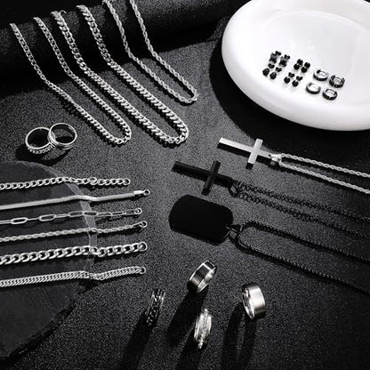 GIFIKOI 30Pcs Jewelry Set for Men Stainless Steel Band Ring Cuban Link Chain Necklace and Bracelet Cross Dog Tag Pendant Necklace Hoop Stud Black Earrings Mens Fashion Jewelry Set