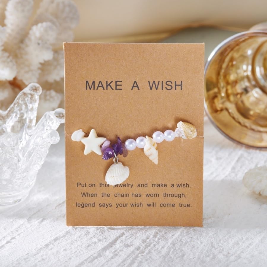 Handmade Natural Shell Starfish Beads Bracelets with a Wish Card Bohemia Sweet Seashell Conch Pearl Charm Bracelets for Women Boho Sea Themed Summer Beach Surfer Vacation Jewelry Gifts - style: StyleF