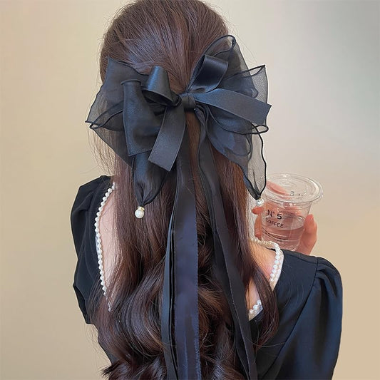 Long Hair Bows with Ribbons, Lace, Tulle and Pearls - Decorative Hair Clips, Barrettes and Hair Accessories for Women, Girls and Prom - color: Black bows