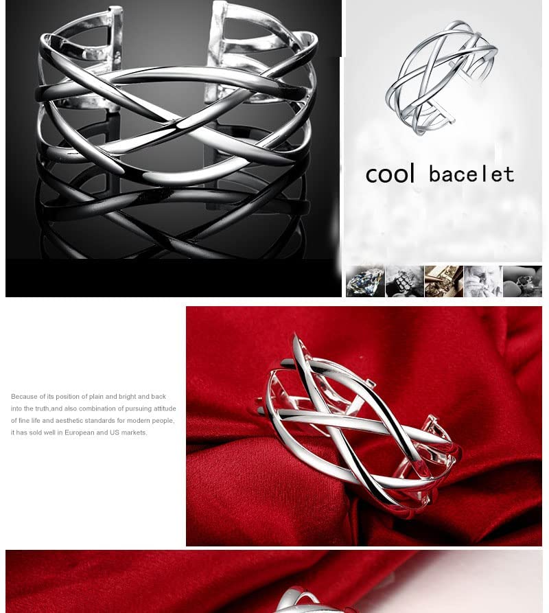 925 Sterling Silver Bracelet Plated Cuff Bangle Bracelet Fashionable Multi-layer Cross Wire Bangle Bracelet Open Adjustable Wide Cuff Bracelet for Teen Girls Fashion Jewelry - color: silver B