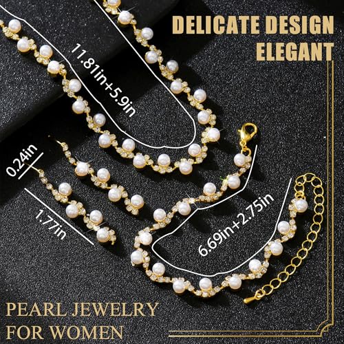 Rhinestone Jewelry Set Crystal Pearl Necklace Bracelet Earrings | Sparkly Necklace Dangle Earrings,Wedding Prom Formal Costume Jewelry Sets for Women - color: Gold2