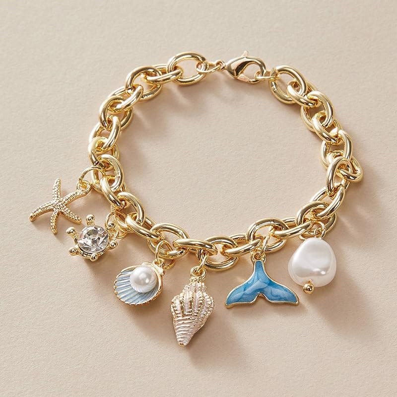 Bohemia Sea Shell Starfish Conch Charm Bracelets Hawaiian Sea Themed Faux Pearl Charm Bracelets Anklet for Women Summer Beach Vacation Jewelry Gifts - style: StyleE