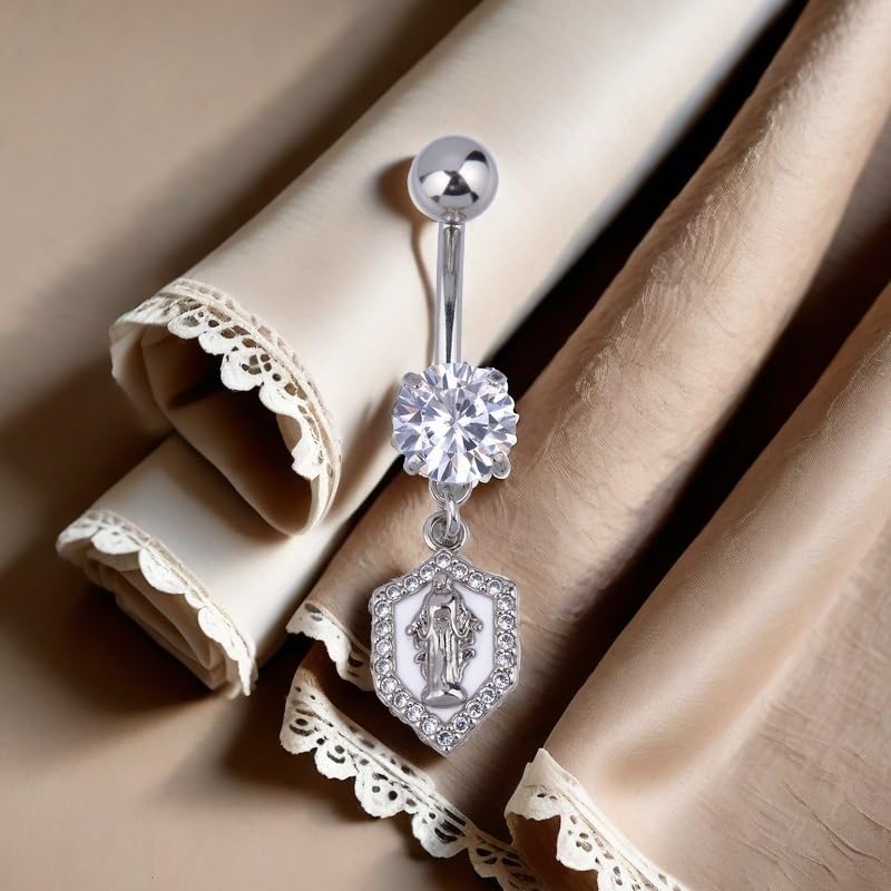 B BodyPJ Sparkles 14G Religious Belly Button Ring with Crystal Cross and Religious Charms, Stainless Steel - style: Type C,Silver