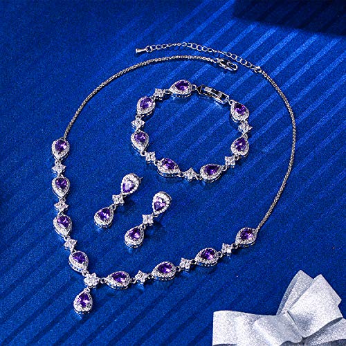 EleQueen Women's Silver-Tone Cubic Zirconia Teardrop Flower Bridal V-Necklace Sets Tennis Bracelet Dangle Earrings for Wedding Bridesmaids - color: Amethyst Color