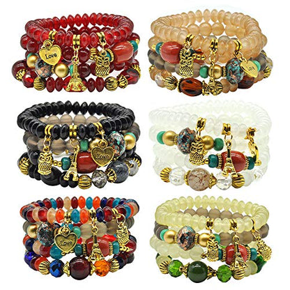 Bohemian Bracelet Sets for Women - 6 Sets Stackable Stretch Bracelets Multi-color Boho Jewelry for Women Hippie Bracelets Dainty Jewelry - color: Owl charm stretch bracelet set