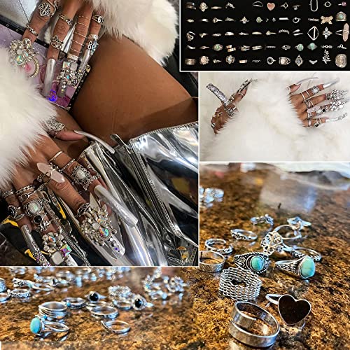 17IF Vintage Silver Knuckle Rings Set for Women Men, Chunky Boho Rings | Aesthetic Snake Grunge Stackable Gothic Ring Adjustable Y2K Punk Bulky Finger Alt of Rings, Stacking Flower Midi Ring Pack - style: 85