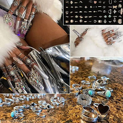 17IF Vintage Silver Knuckle Rings Set for Women Men, Chunky Boho Rings | Aesthetic Snake Grunge Stackable Gothic Ring Adjustable Y2K Punk Bulky Finger Alt of Rings, Stacking Flower Midi Ring Pack - style: 85
