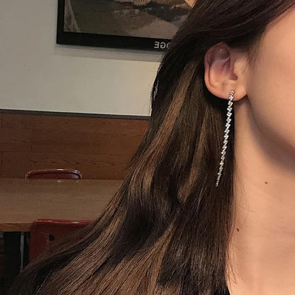 HERIER Rhinestone Earrings Dangling for Women Chandelier Statement Tassel Earrings Girls Silver Sparkly Drop Cubic Zirconia Crystal Earrings Long Dangle Costume Jewelry - color: Silver-Linear Tassel