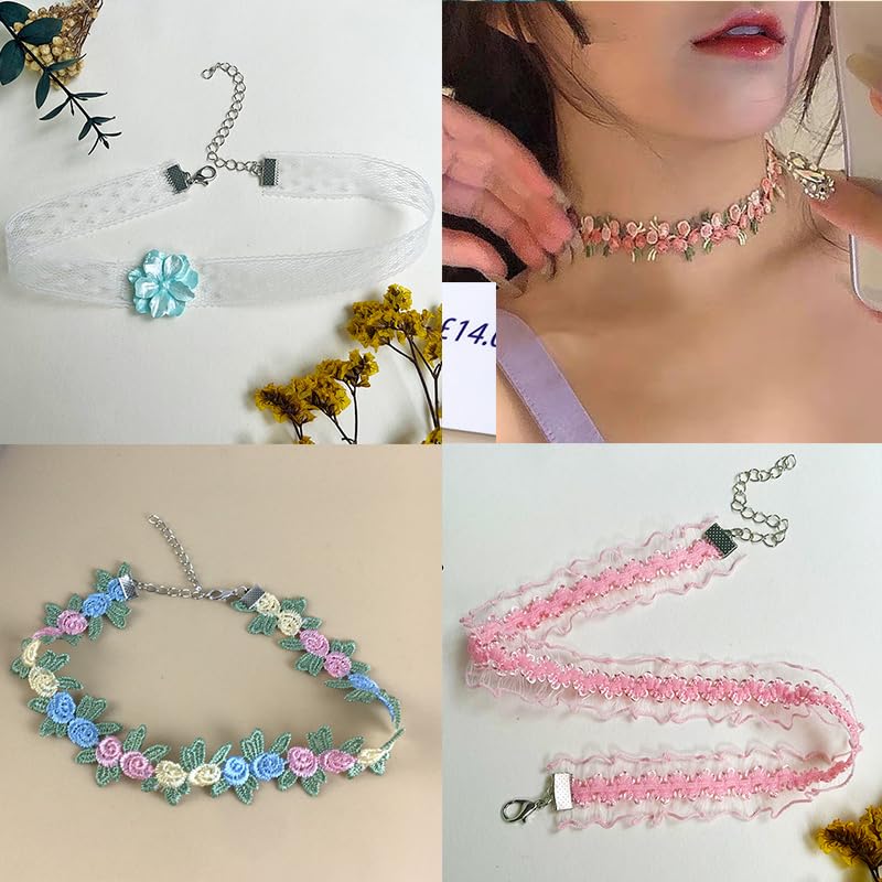Nova&Aria Chokers Set For Women Heart Choker Necklaces Flower Pendant Velvet Cute Pink Turquoise Blue White Black Choker Necklace Christmas Colorful Lace Chokers - color: Pink&Green