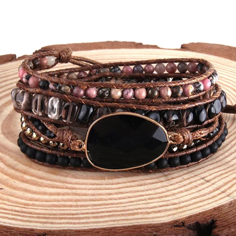 Women Wrap Bracelets Boho Natural Stone Jasper Turquoises Strand Bracelet Jewelry Collection - color: Black 2
