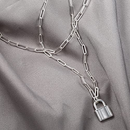 Lock Necklace for Women Paperclip Link Chain Padlock Necklace Non-Tarnish - color: Silver - 2 PCS Layered Lock Necklaces