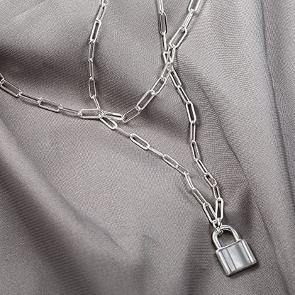 Lock Necklace for Women Paperclip Link Chain Padlock Necklace Non-Tarnish - color: Silver - 2 PCS Layered Lock Necklaces