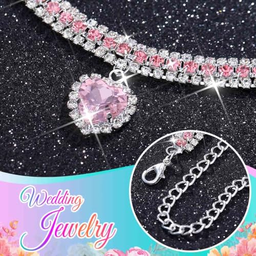 CLOACE Rhinestone Choker Necklace Heart Pendant Diamond Row Necklaces Sparkly Crystal Prom Chain Jewerly Accessories for Women - color: Pink