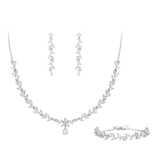 BriLove Wedding Jewelry Set Cubic Zirconia for Women Bride Bridesmaid | Gorgeous Marquise Teardrop Leaf Cluster Y-Necklace Dangle Earrings Link Bracelet Set for Bridal Prom Accessories - color: Clear Silver-Tone