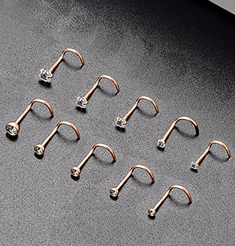 20G 10Pcs Stainless Steel L Screw Bone Shaped Nose Studs Rings Square Round CZ Nose Ring Labret Nose Piercing Jewelry for Men Women Silver Tone 1.5mm-2mm-2.5mm-3mm-3.5mm CZ - style: E:10Pcs,S Shaped(Rose Gold Tone)
