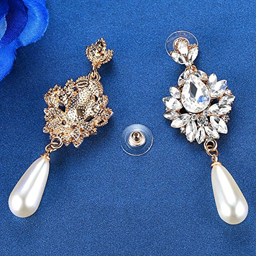 Flower Teardrop Bridal Wedding Dangle CZ Earrings in Silver/Gold Tone for Women Girl Bride Gift … - color: H-Gold