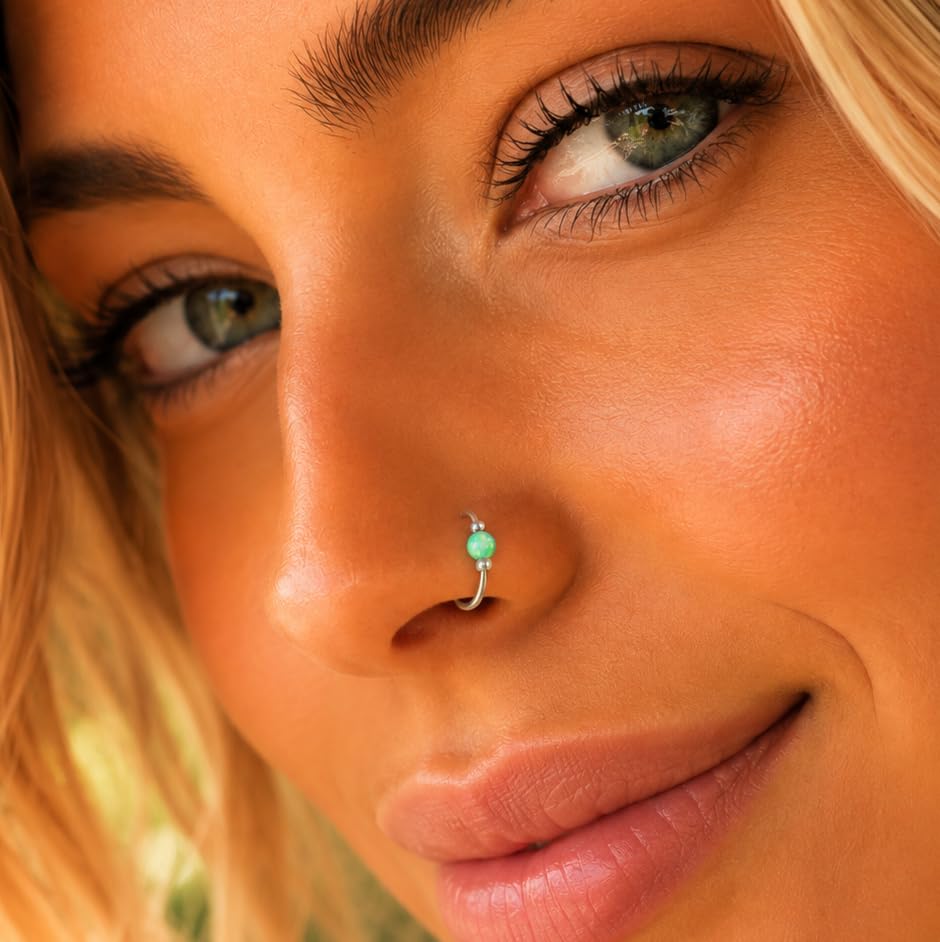 Jolliz Opal Nose Rings Hoops – 24 Gauge Classic Design, Elegant Nose Rings for Women & hypoallergenic Nose Piercings Jewelry Perfect for Any Occasion with Comfortable Fit - color: Green Opal Silver