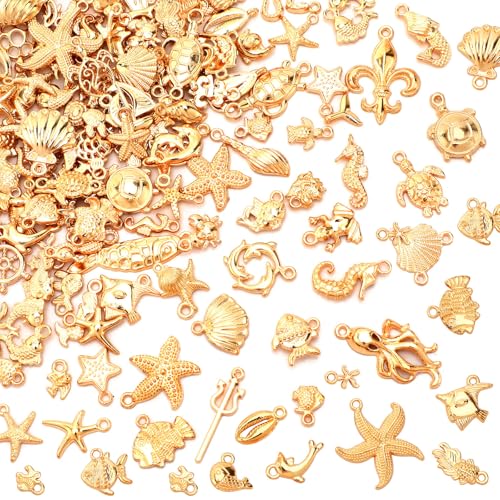 MARFOREVER 120 PCS Summer Beach Charms for Jewelry Making Sea Animal Charm | Assorted KC Gold Ocean Life Charm Pendants, Starfish Seashell Conch Charms, DIY Bracelet Necklace Earrings Making Crafting