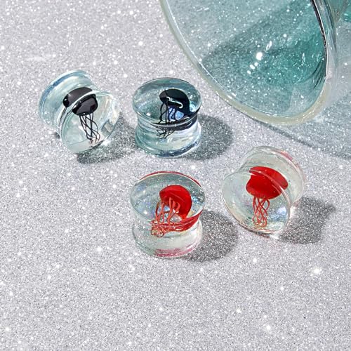 Stuppendux 4 Style 2Set Color Ocean Jellyfish Glass Double Flared Ear Plugs Tunnels Expander Stretching Kit Gauge 0g-5/8 8-16mm - color: Transparent Jellyfish 12MM