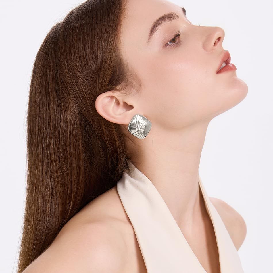 Gold Chunky Statement Earrings for Women, Trendy 14K Gold Plated Square Geometric Vintage Drop Dangle Designer Stud Earrings, Jewelry Gift - style: square-silver