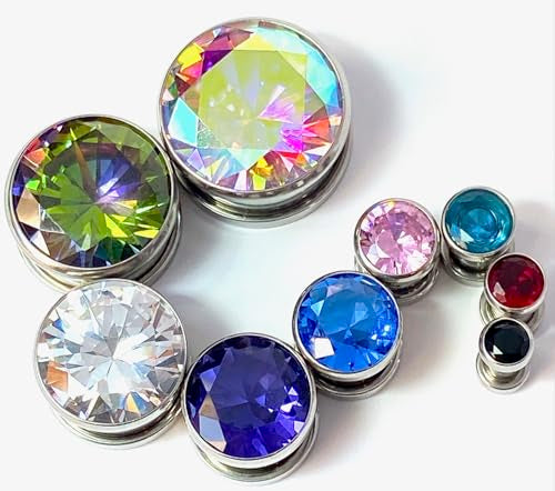 PAIR of Stunning Large CZ Red Gem Screw Fit Tunnels - Plugs - Gauges - Body Jewelry - size: 6g (4mm)