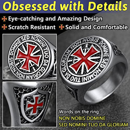 FaithHeart Mens Stainless Steel Crusader Jerusalem Cross Ring with 18K Gold Plated Two Tone Ring Size 7,8,9,10,11,12 - color: 06. Crusader Cross-Silver(Custom)