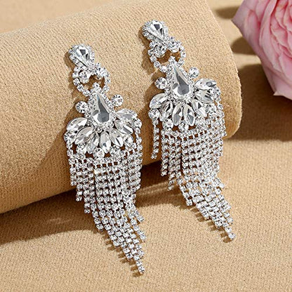 Silver Rhinestone Crystal Bridal Chandelier Long Tassels Dangle Earrings for Wedding - color: E-5