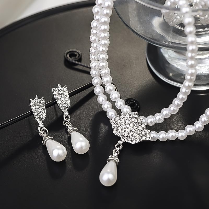 Pearl Necklace and Earring Set for Women,Pearl Jewelry Set Fake Pearls Necklace Imitation Beaded Collar de Perlas Para Mujer Necklaces for Prom Bridesmaid Costume Accessories - color: Layered