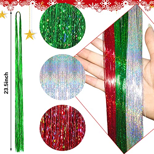 FEBSNOW Hair Extension Tinsel, 2400 Strands Christmas Tinsels with Tool | 47Inch Sparkle Hair Accessories, Glittering Heat Resistant Fiber, Women Girls Hair Styling, Christmas New Year Party Makeover - color: Multi 3 colors