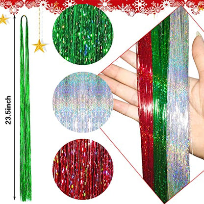FEBSNOW Hair Extension Tinsel, 2400 Strands Christmas Tinsels with Tool | 47Inch Sparkle Hair Accessories, Glittering Heat Resistant Fiber, Women Girls Hair Styling, Christmas New Year Party Makeover - color: Multi 3 colors