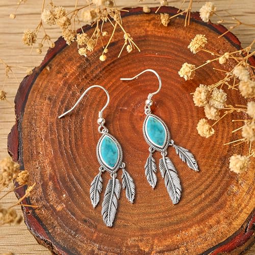 AVECON Turquoise Dangle Earrings for Women, Sterling Silver Feather Jewelry | Genuine Western Marquise Boho Pierced, Native American Jewelry with Hook and Leaf, for Cowgirl & Cowboy - color: Turquoise