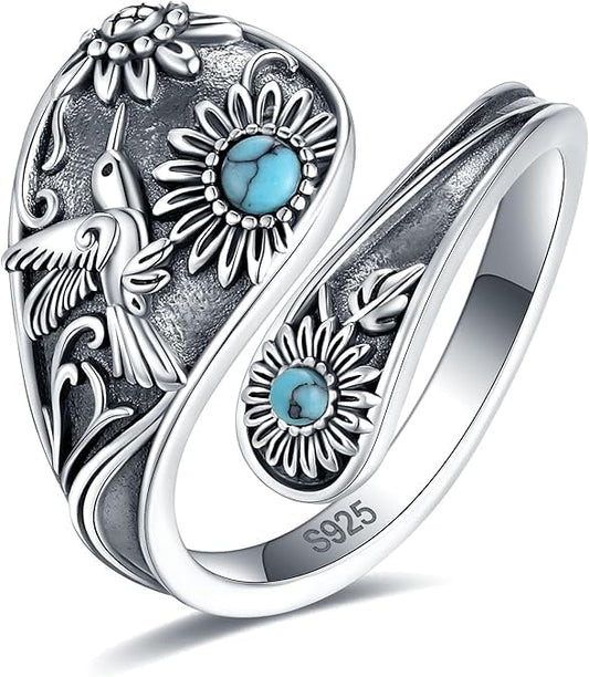 S925-Sterling-Silver Abalone Dragonfly-Turquoise Spoon Ring - Vintage Boho Sunflower Thumb Oxidized Wrap Rings Victorian Style Antique Floral Jewelry Gifts for Women - color: Hummingbird Spoon Ring