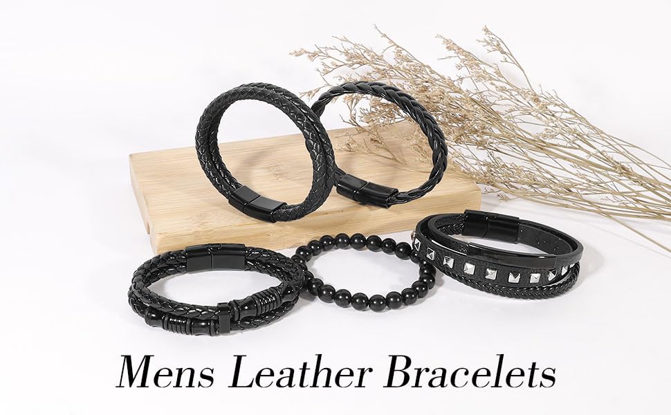 6-12PCS Braided Faux Leather Bracelet Punk Cuff Wrap Bracelets for Men Women Adjustable - color: E3:5PCS