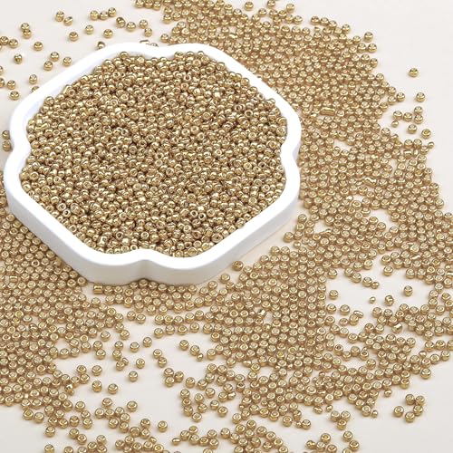 2mm Glass Seed Beads Bulk, Gold 12/0 Tiny Round Seed Bead, Small Mini Pony Craft Beads for Bracelet Necklace Wrist Jewelry Making Beading Weaving DIY Crafts Supplies - color: Gold