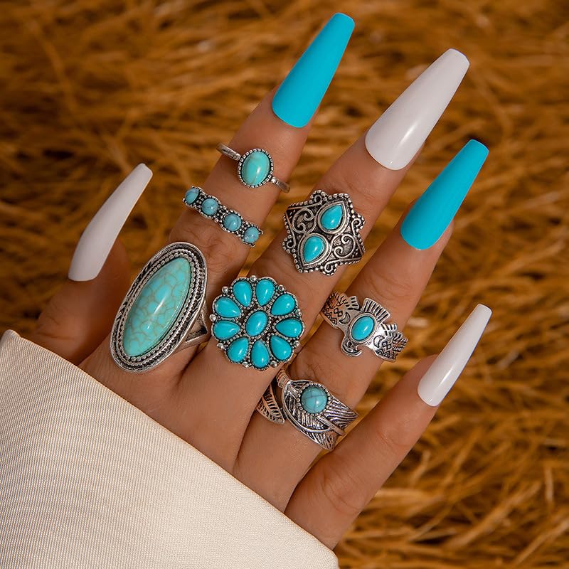 Airvess Vintage Knuckle Rings Set, Chunky Turquoise Stackable Rings, Silver Joint Finger Stacking Rings, Bohemian Western Jewelry for Women - style: 8 Pcs-1