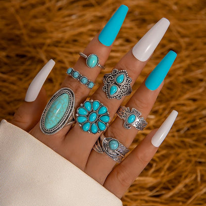 Airvess Vintage Knuckle Rings Set, Chunky Turquoise Stackable Rings, Silver Joint Finger Stacking Rings, Bohemian Western Jewelry for Women - style: 8 Pcs-1