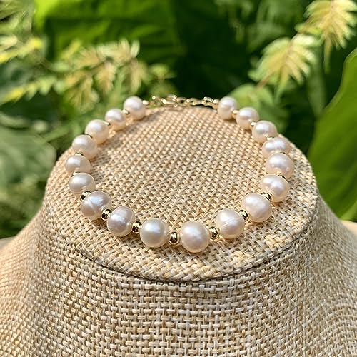 Natural White Pearl Beaded 14k Gold Filled Wire Wrapped Bracelet, Healing Birthstone Adjustable Bangle Cuff. Gift for Women