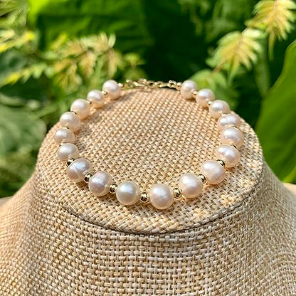 Natural White Pearl Beaded 14k Gold Filled Wire Wrapped Bracelet, Healing Birthstone Adjustable Bangle Cuff. Gift for Women