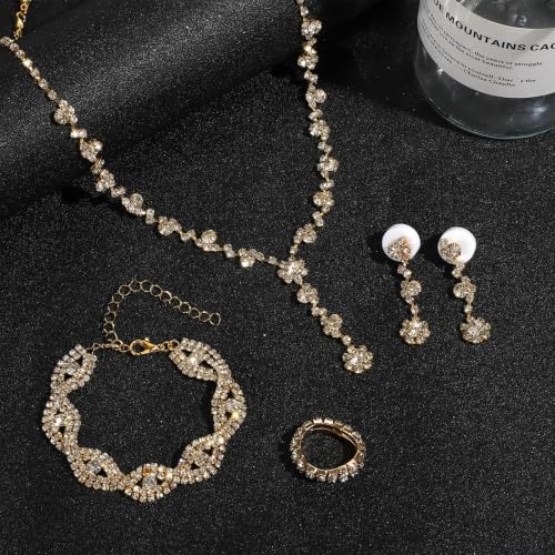 NEWITIN 15 Pieces Gold Jewelry Set for Women Wedding Costume Accessories | Hypoallergenic, Cubic Zirconia, CZ Necklaces Earrings Bracelets Ring, Crystal Jewelry for Wedding Bride Bridesmaid Party Prom - color: Beauty