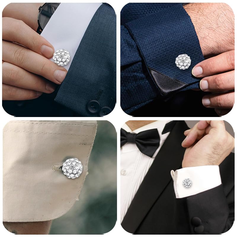 Round Rhinestone Cufflinks for Men Tuxedo Shirt Studs Crystal Ball Cufflinks French Cuff Links for Men Wedding Business Prom - color: Silver