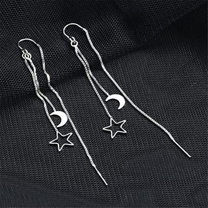 925 Sterling Silver Dangle Earrings with Charms Heart, Water drop, Moon, Star Long Drop Earring for Women Jewelry Gifts Hypoallergenic - color: moon and star