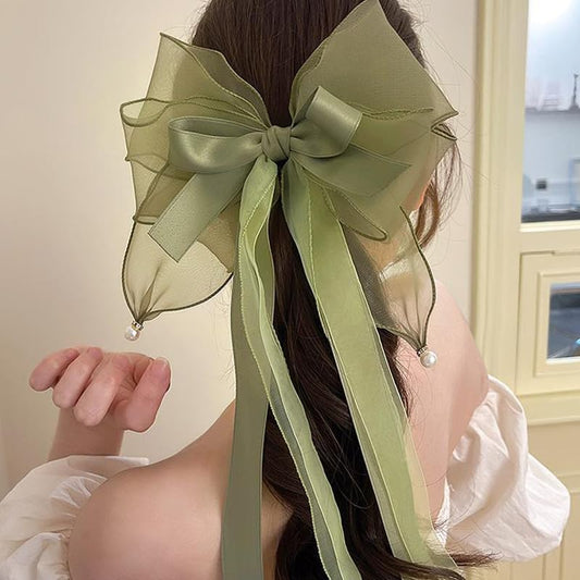YangQian HairBowClip - Long Hair Bow Clip for Women, Big Hair Bows for Girls with Long Tail, Fairy Hair Accessories Clips, Large Green Bows for Girls, Satin Bowknot Hair Clips, 7.9 x 17.7 inches - color: Green bows